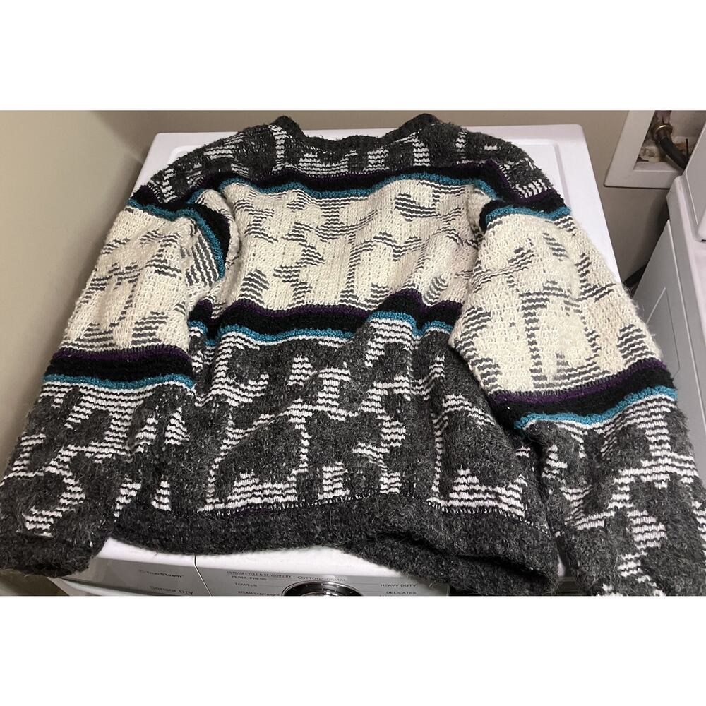 Vintage Allen Wah 80s Lambswool Cardigan Oversized Stripe Abstract‎ Large - Picture 2 of 5